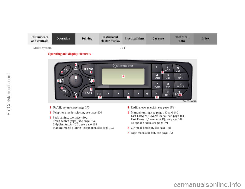 MERCEDES-BENZ C-CLASS 2002  Owners Manual 174
Audio system
Te ch n i c a l
data
Instruments 
and controls Operation
DrivingInstrument 
cluster display Practical hints Car care Index
Operating and display elements
1 On/off, volume, see page 17