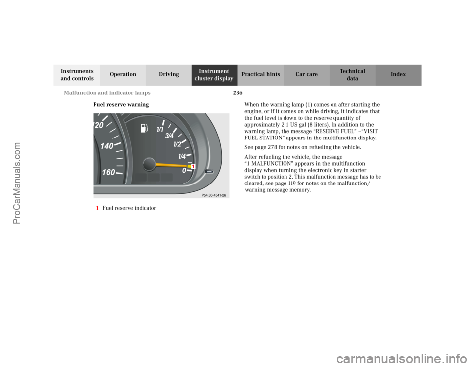 MERCEDES-BENZ C-CLASS 2002 Manual PDF 286
Malfunction and indicator lamps
Te ch n i c a l
data
Instruments
and controls Operation Driving
Instrument
cluster display Practical hints Car care Index
Fuel reserve warning
1 Fuel reserve indi MERCEDES-BENZ C-CLASS 2002 Manual PDF 286
Malfunction and indicator lamps
Te ch n i c a l
data
Instruments
and controls Operation Driving
Instrument
cluster display Practical hints Car care Index
Fuel reserve warning
1 Fuel reserve indi