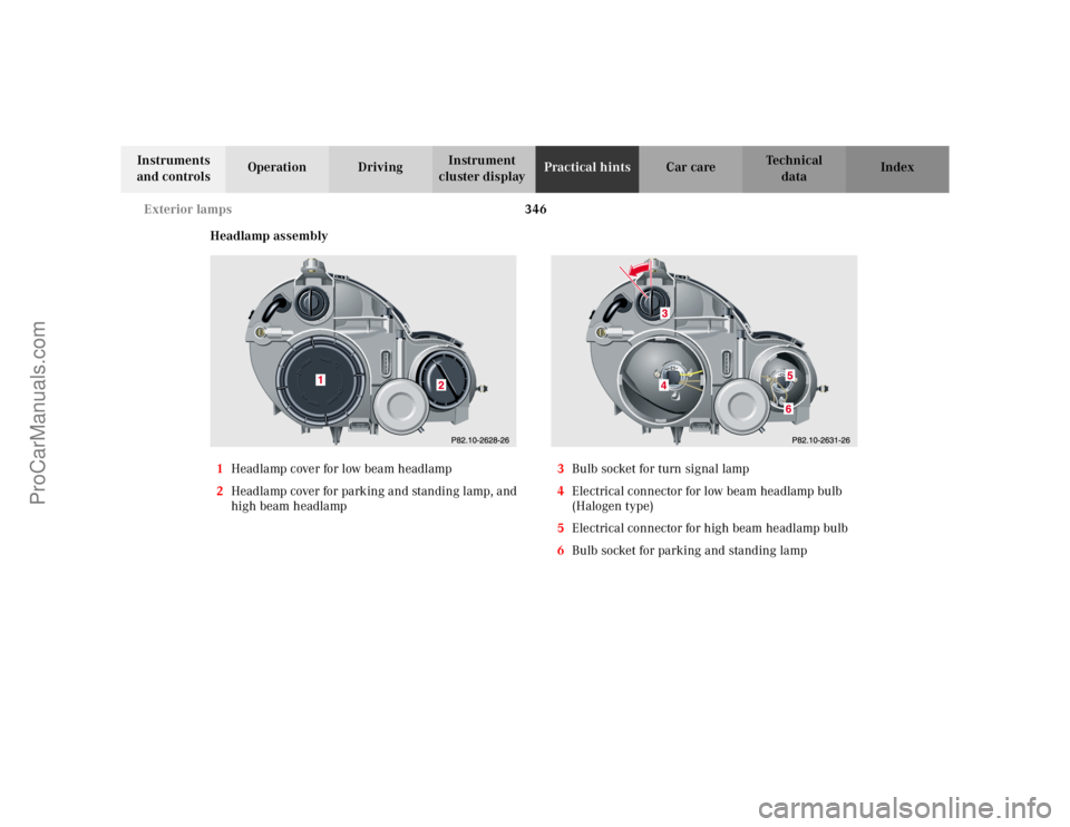 MERCEDES-BENZ C-CLASS 2002 Owners Manual 346
Exterior lamps
Te ch n i c a l
data
Instruments
and controls Operation Driving
Instrument
cluster display Practical hints
Car care Index
Headlamp assembly
1 Headlamp cover for low beam headlamp
MERCEDES-BENZ C-CLASS 2002 Owners Manual 346
Exterior lamps
Te ch n i c a l
data
Instruments
and controls Operation Driving
Instrument
cluster display Practical hints
Car care Index
Headlamp assembly
1 Headlamp cover for low beam headlamp
