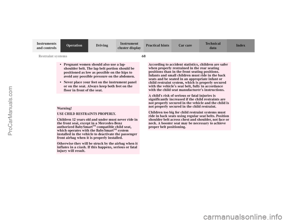 MERCEDES-BENZ C-CLASS 2002 Manual PDF 68
Restraint systems
Te ch n i c a l
data
Instruments 
and controls Operation
DrivingInstrument 
cluster display Practical hints Car care Index
• Pregnant women should also use a lap-
shoulder belt.