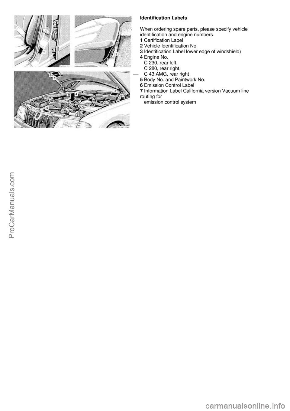 MERCEDES-BENZ C-280 1999  Owners Manual Identification Labels 
 
When ordering spare parts, please specify vehicle 
identification and engine numbers. 
1  Certification Label 
2  Vehicle Identification No. 
3  Identification Label lower edg