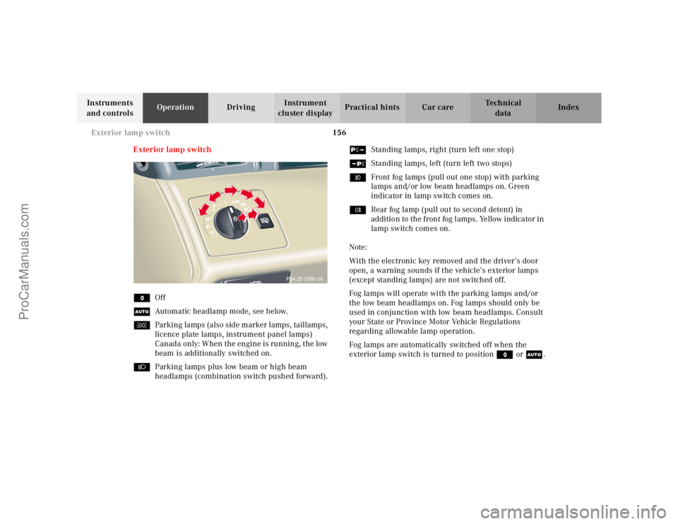 MERCEDES-BENZ CL-CLASS 2000  Owners Manual 156 Exterior lamp switch
Te ch n ica l
data Instruments 
and controlsOperationDrivingInstrument 
cluster displayPractical hints Car care Index
Exterior lamp switch
MOff
UAutomatic headlamp mode, see b