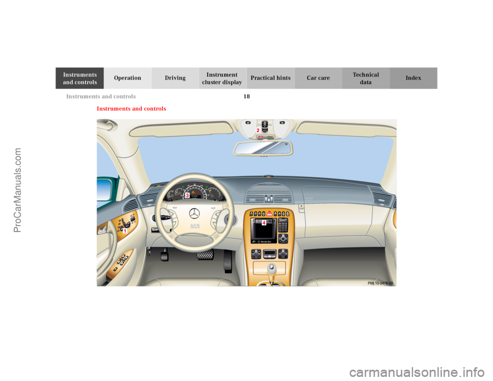 MERCEDES-BENZ CL-CLASS 2000 Owners Manual 18 Instruments and controls
Te ch n ica l
data Instruments
and controlsOperation DrivingInstrument
cluster displayPractical hints Car care Index
Instruments and controls
3
ProCarManuals.com MERCEDES-BENZ CL-CLASS 2000 Owners Manual 18 Instruments and controls
Te ch n ica l
data Instruments
and controlsOperation DrivingInstrument
cluster displayPractical hints Car care Index
Instruments and controls
3
ProCarManuals.com