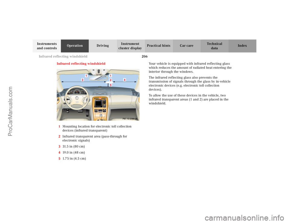 MERCEDES-BENZ CL-CLASS 2000 Owners Manual 206 Infrared reflecting windshield
Te ch n ica l
data Instruments
and controlsOperationDrivingInstrument
cluster displayPractical hints Car care Index
Infrared reflecting windshield
1Mounting locati MERCEDES-BENZ CL-CLASS 2000 Owners Manual 206 Infrared reflecting windshield
Te ch n ica l
data Instruments
and controlsOperationDrivingInstrument
cluster displayPractical hints Car care Index
Infrared reflecting windshield
1Mounting locati