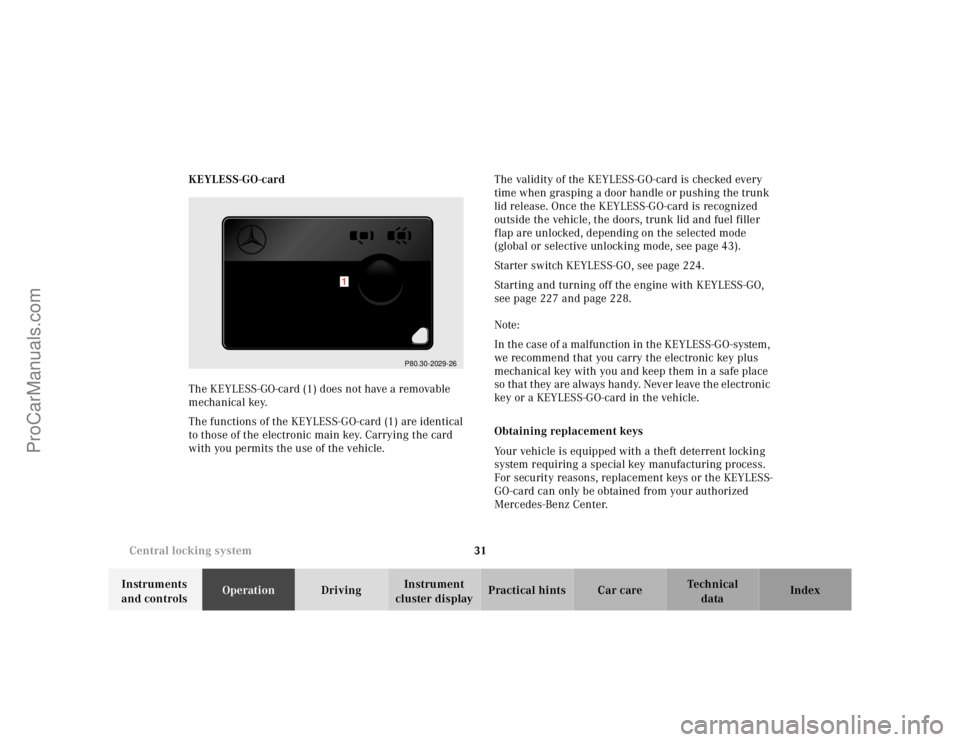 MERCEDES-BENZ CL-CLASS 2000 Owners Guide 31 Central locking system
Te ch n ica l
data Instruments
and controlsOperationDrivingInstrument
cluster displayPractical hints Car care Index KEYLESS-GO-card
The KEYLESS-GO-card (1) does not have a MERCEDES-BENZ CL-CLASS 2000 Owners Guide 31 Central locking system
Te ch n ica l
data Instruments
and controlsOperationDrivingInstrument
cluster displayPractical hints Car care Index KEYLESS-GO-card
The KEYLESS-GO-card (1) does not have a