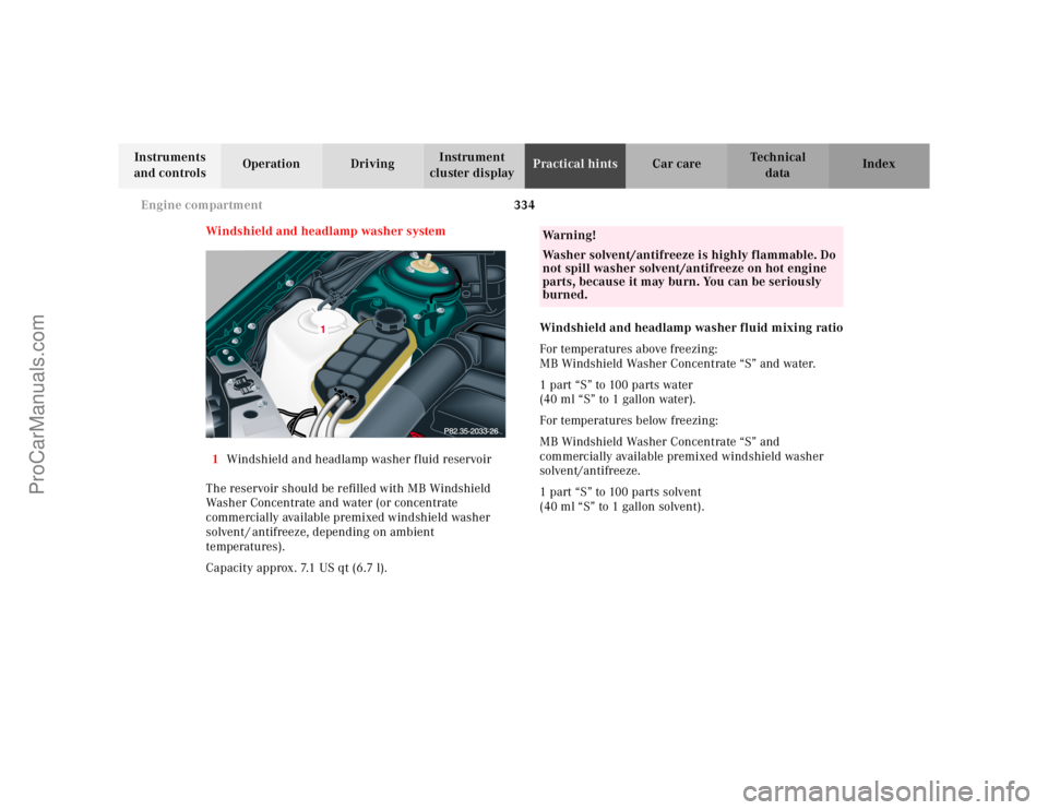 MERCEDES-BENZ CL-CLASS 2000 Owners Manual 334 Engine compartment
Te ch n ica l
data Instruments
and controlsOperation DrivingInstrument
cluster displayPractical hintsCar care Index
Windshield and headlamp washer system
1Windshield and headl MERCEDES-BENZ CL-CLASS 2000 Owners Manual 334 Engine compartment
Te ch n ica l
data Instruments
and controlsOperation DrivingInstrument
cluster displayPractical hintsCar care Index
Windshield and headlamp washer system
1Windshield and headl