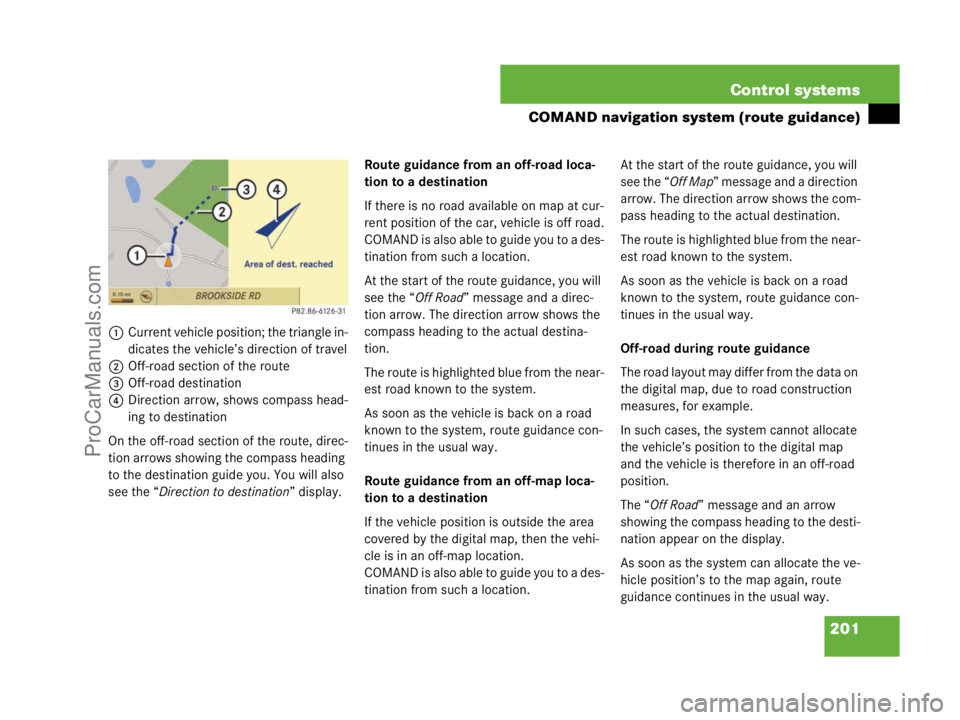 MERCEDES-BENZ CL-CLASS 2007  Owners Manual 201 Control systems
COMAND navigation system (route guidance)
1Current vehicle position; the triangle in-
dicates the vehicle’s direction of travel
2Off-road section of the route
3Off-road destinati
