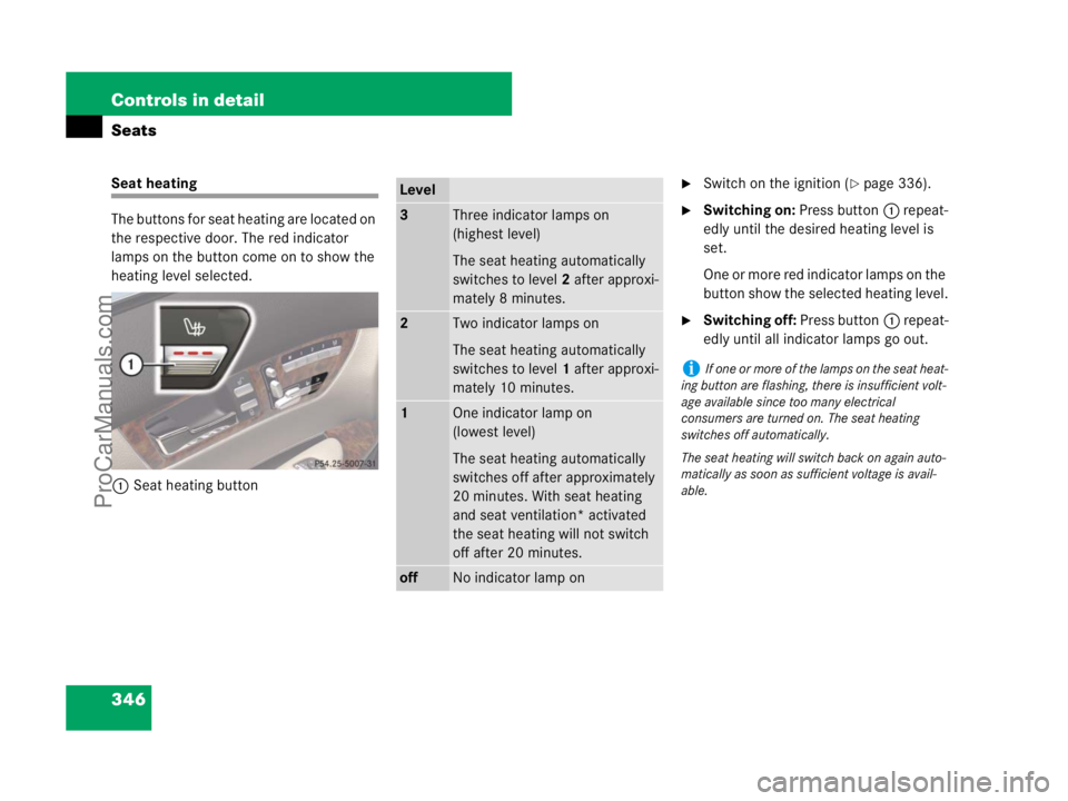 MERCEDES-BENZ CL-CLASS 2007  Owners Manual 346 Controls in detail
Seats
Seat heating
The buttons for seat heating are located on 
the respective door. The red indicator 
lamps on the button come on to show the 
heating level selected.
1Seat he
