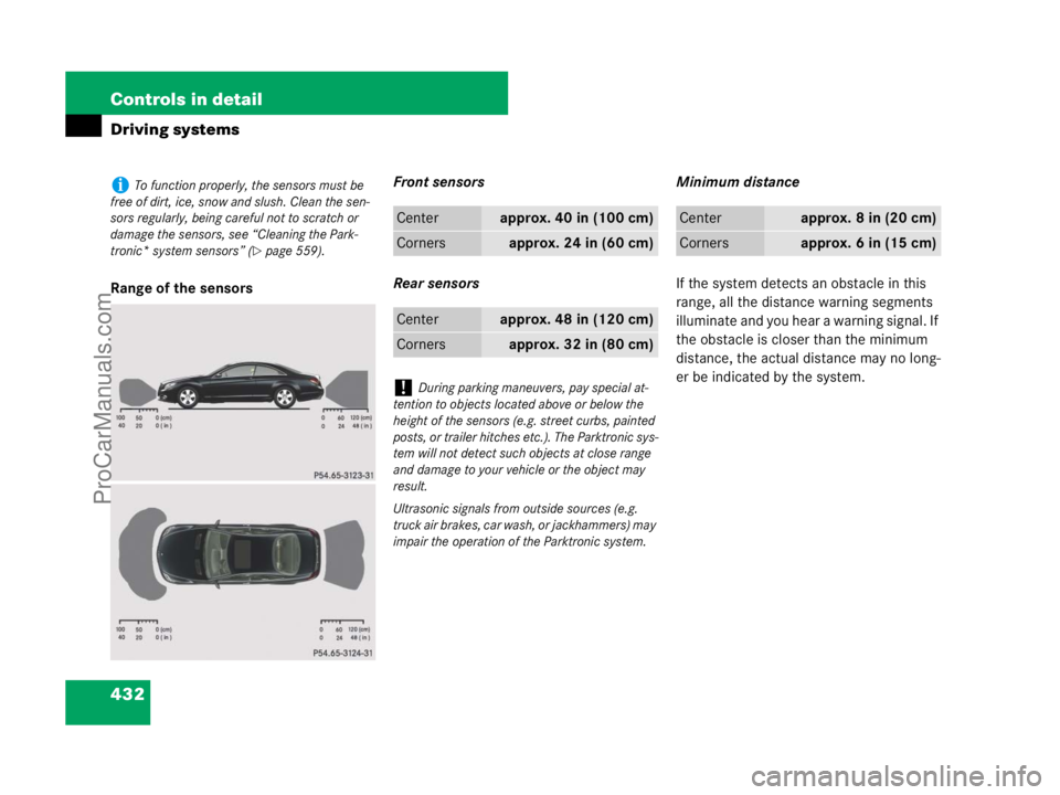MERCEDES-BENZ CL-CLASS 2007  Owners Manual 432 Controls in detail
Driving systems
Range of the sensorsFront sensors
Rear sensorsMinimum distance
If the system detects an obstacle in this 
range, all the distance warning segments 
illuminate an