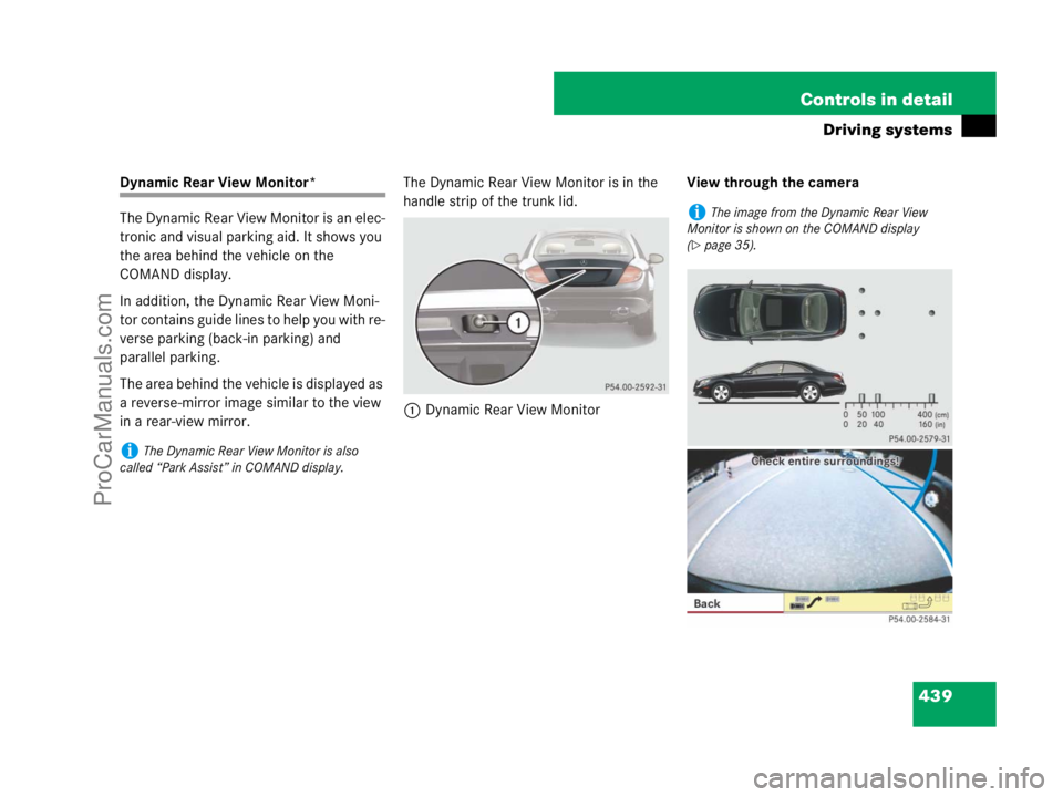 MERCEDES-BENZ CL-CLASS 2007  Owners Manual 439 Controls in detail
Driving systems
Dynamic Rear View Monitor*
The Dynamic Rear View Monitor is an elec-
tronic and visual parking aid. It shows you 
the area behind the vehicle on the 
COMAND disp