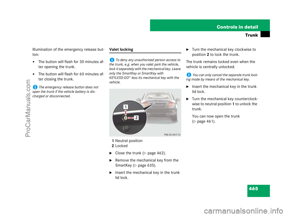 MERCEDES-BENZ CL-CLASS 2007  Owners Manual 465 Controls in detail
Trunk
Illumination of the emergency release but-
ton:
The button will flash for 30 minutes af-
ter opening the trunk.
The button will flash for 60 minutes af-
ter closing the 