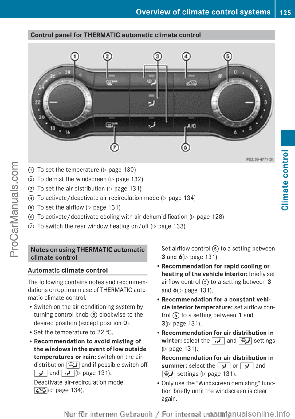 MERCEDES-BENZ CLA-CLASS 2013 Owners Manual Control panel for THERMATIC automatic climate control:To set the temperature (Y page 130);To demist the windscreen ( Y page 132)=To set the air distribution ( Y page 131)?To activate/deactivate air-re MERCEDES-BENZ CLA-CLASS 2013 Owners Manual Control panel for THERMATIC automatic climate control:To set the temperature (Y page 130);To demist the windscreen ( Y page 132)=To set the air distribution ( Y page 131)?To activate/deactivate air-re