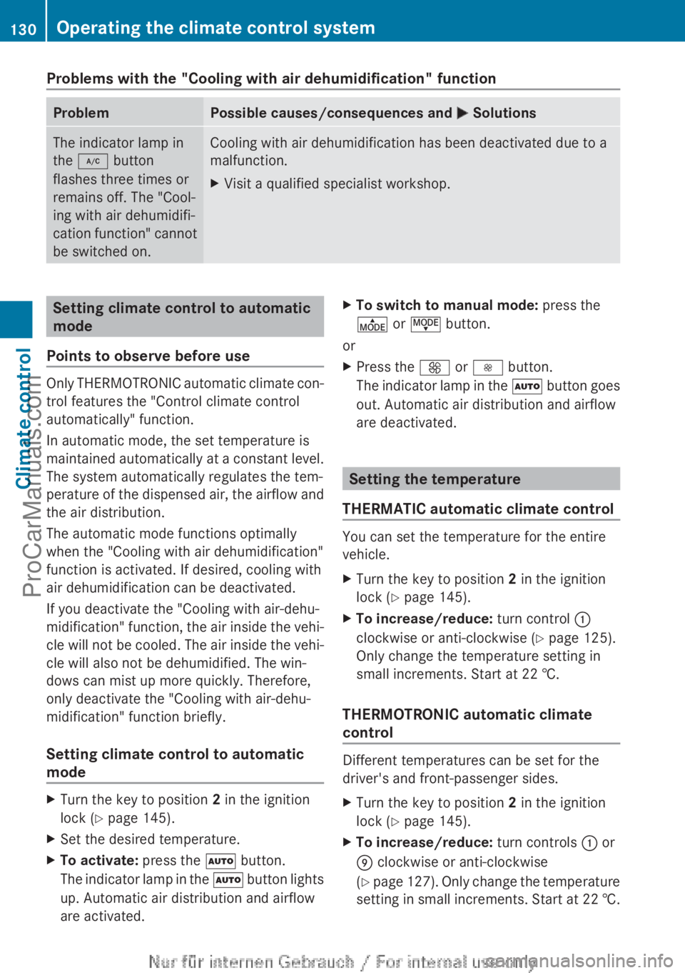 MERCEDES-BENZ CLA-CLASS 2013  Owners Manual Problems with the "Cooling with air dehumidification" functionProblemPossible causes/consequences and M SolutionsThe indicator lamp in
the  ¿  button
flashes three times or
remains off. The &