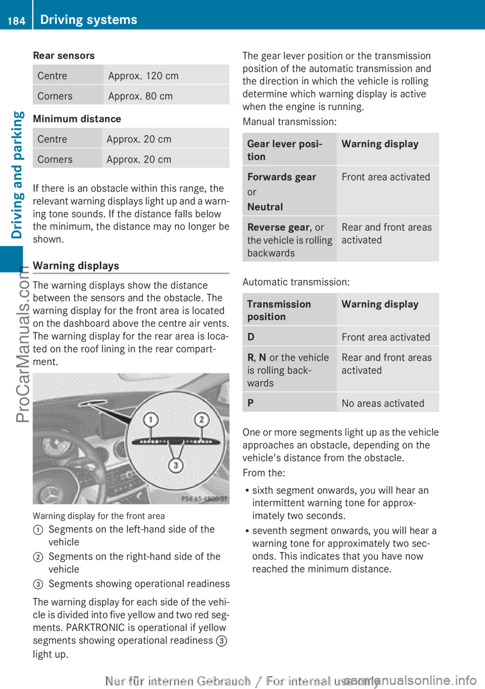 MERCEDES-BENZ CLA-CLASS 2013 Owners Manual Rear sensorsCentreApprox. 120 cmCornersApprox. 80 cm
Minimum distance
CentreApprox. 20 cmCornersApprox. 20 cm
If there is an obstacle within this range, the
relevant warning displays light up and a wa MERCEDES-BENZ CLA-CLASS 2013 Owners Manual Rear sensorsCentreApprox. 120 cmCornersApprox. 80 cm
Minimum distance
CentreApprox. 20 cmCornersApprox. 20 cm
If there is an obstacle within this range, the
relevant warning displays light up and a wa