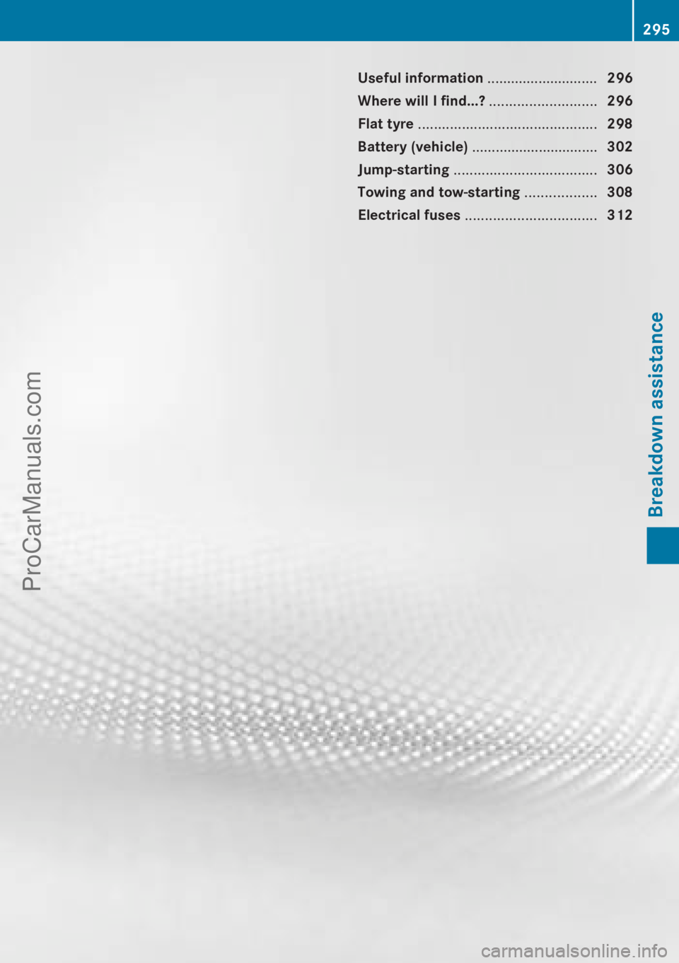 MERCEDES-BENZ CLA-CLASS 2013 Owners Manual Useful information ............................296
Where will I find...? ...........................296
Flat tyre ............................................. 298
Battery (vehicle) ............... MERCEDES-BENZ CLA-CLASS 2013 Owners Manual Useful information ............................296
Where will I find...? ...........................296
Flat tyre ............................................. 298
Battery (vehicle) ...............