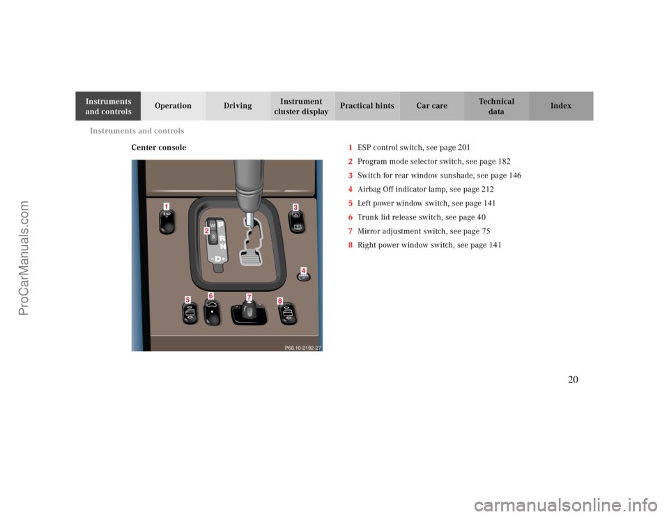 MERCEDES-BENZ CLK-CLASS 2000 Owners Manual Instruments and controls
Te ch n ica l
data Instruments
and controlsOperation DrivingInstrument
cluster displayPractical hints Car care Index
Center console1ESP control switch, see page
201
2Progra MERCEDES-BENZ CLK-CLASS 2000 Owners Manual Instruments and controls
Te ch n ica l
data Instruments
and controlsOperation DrivingInstrument
cluster displayPractical hints Car care Index
Center console1ESP control switch, see page
201
2Progra