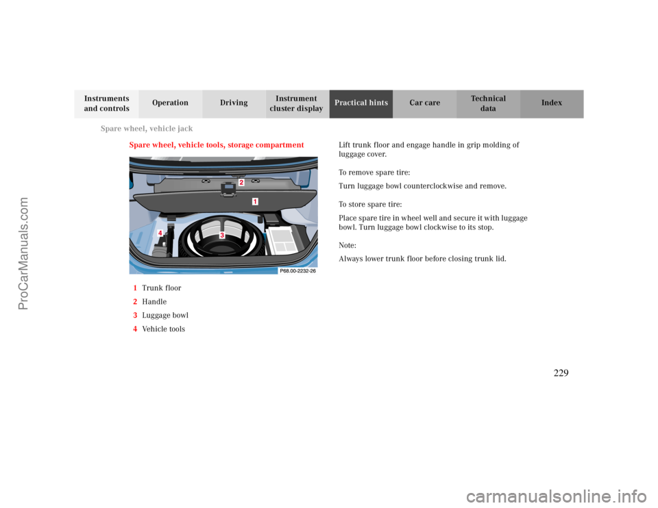 MERCEDES-BENZ CLK-CLASS 2000 Owners Manual Spare wheel, vehicle jack
Te ch n ica l
data Instruments
and controlsOperation DrivingInstrument
cluster displayPractical hintsCar care Index
Spare wheel, vehicle tools, storage compartment
1Trunk f MERCEDES-BENZ CLK-CLASS 2000 Owners Manual Spare wheel, vehicle jack
Te ch n ica l
data Instruments
and controlsOperation DrivingInstrument
cluster displayPractical hintsCar care Index
Spare wheel, vehicle tools, storage compartment
1Trunk f