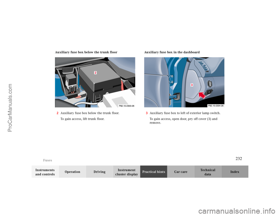 MERCEDES-BENZ CLK-CLASS 2000 Owners Manual Fuses
Te ch n ica l
data Instruments
and controlsOperation DrivingInstrument
cluster displayPractical hintsCar care Index Auxiliary fuse box below the trunk floor
2Auxiliary fuse box below the trunk MERCEDES-BENZ CLK-CLASS 2000 Owners Manual Fuses
Te ch n ica l
data Instruments
and controlsOperation DrivingInstrument
cluster displayPractical hintsCar care Index Auxiliary fuse box below the trunk floor
2Auxiliary fuse box below the trunk