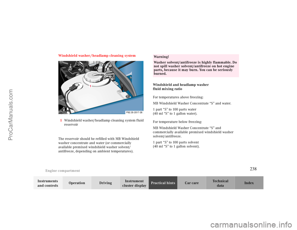 MERCEDES-BENZ CLK-CLASS 2000 User Guide Engine compartment
Te ch n ica l
data Instruments
and controlsOperation DrivingInstrument
cluster displayPractical hintsCar care Index Windshield washer / headlamp cleaning system
1Windshield washer MERCEDES-BENZ CLK-CLASS 2000 User Guide Engine compartment
Te ch n ica l
data Instruments
and controlsOperation DrivingInstrument
cluster displayPractical hintsCar care Index Windshield washer / headlamp cleaning system
1Windshield washer