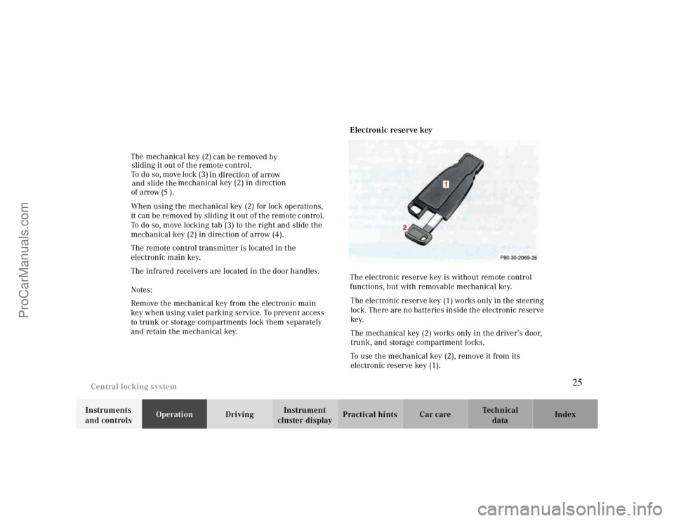 MERCEDES-BENZ CLK-CLASS 2000 Owners Manual Central locking system
Te ch n ica l
data Instruments 
and controlsOperationDrivingInstrument 
cluster displayPractical hints Car care Index When using the mechanical key (2) for lock operations, 
it 