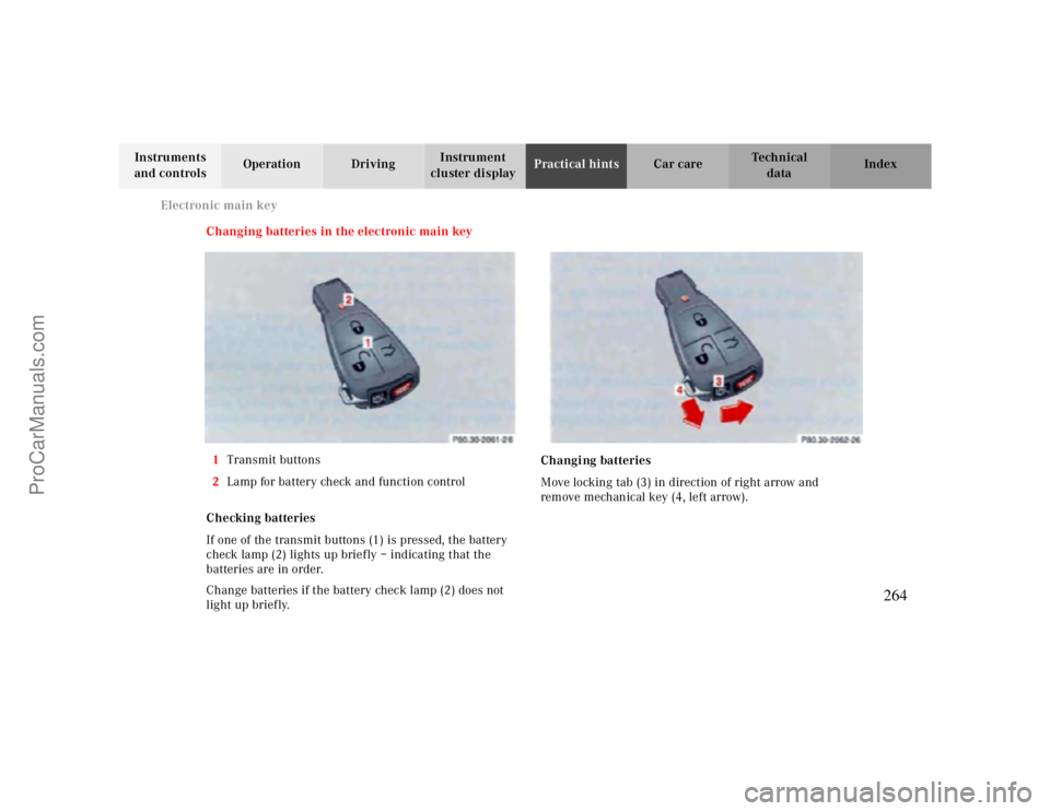 MERCEDES-BENZ CLK-CLASS 2000  Owners Manual Electronic main key
Te ch n ica l
data Instruments 
and controlsOperation DrivingInstrument 
cluster displayPractical hintsCar care Index
Changing batteries in the electronic main key
1Transmit button