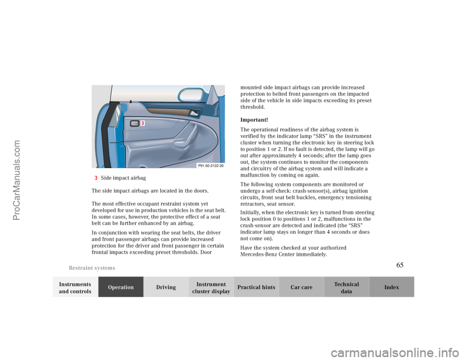 MERCEDES-BENZ CLK-CLASS 2000 Owners Manual Restraint systems
Te ch n ica l
data Instruments
and controlsOperationDrivingInstrument
cluster displayPractical hints Car care Index 3Side impact airbag
The side impact airbags are located in the d MERCEDES-BENZ CLK-CLASS 2000 Owners Manual Restraint systems
Te ch n ica l
data Instruments
and controlsOperationDrivingInstrument
cluster displayPractical hints Car care Index 3Side impact airbag
The side impact airbags are located in the d