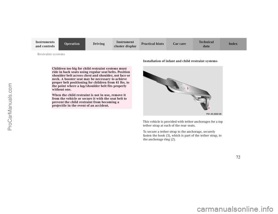 MERCEDES-BENZ CLK-CLASS 2000 Manual PDF Restraint systems
Te ch n ica l
data Instruments
and controlsOperationDrivingInstrument
cluster displayPractical hints Car care Index
Installation of infant and child restraint systems
This vehicle MERCEDES-BENZ CLK-CLASS 2000 Manual PDF Restraint systems
Te ch n ica l
data Instruments
and controlsOperationDrivingInstrument
cluster displayPractical hints Car care Index
Installation of infant and child restraint systems
This vehicle