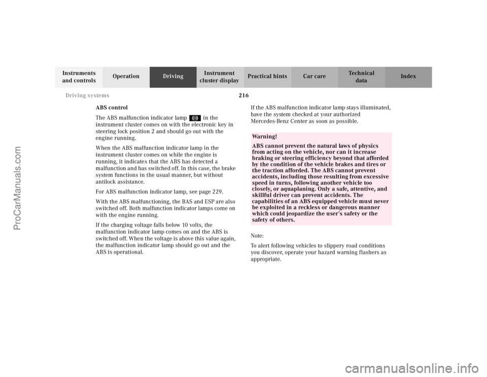 MERCEDES-BENZ CLK-CLASS 2001  Owners Manual 216 Driving systems
Te ch n ica l
data Instruments 
and controlsOperationDrivingInstrument 
cluster displayPractical hints Car care Index
ABS control
The ABS malfunction indicator lamp- in the 
instru