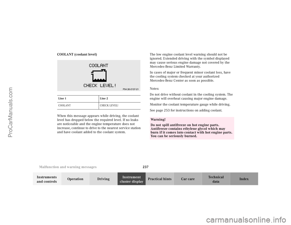 MERCEDES-BENZ CLK-CLASS 2001  Owners Manual 237 Malfunction and warning messages
Te ch n ica l
data Instruments 
and controlsOperation DrivingInstrument 
cluster displayPractical hints Car care Index COOLANT (coolant level)
When this message ap