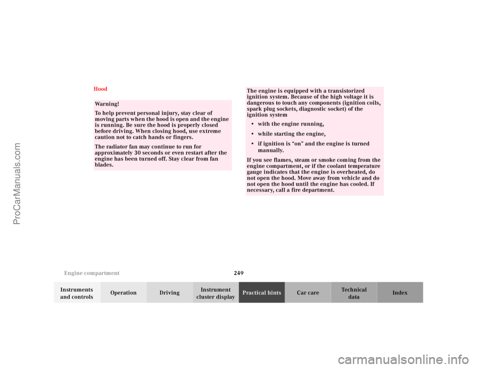 MERCEDES-BENZ CLK-CLASS 2001  Owners Manual 249 Engine compartment
Te ch n ica l
data Instruments 
and controlsOperation DrivingInstrument 
cluster displayPractical hintsCar care Index Hood
Wa r n i n g !
To help prevent personal injury, stay c
