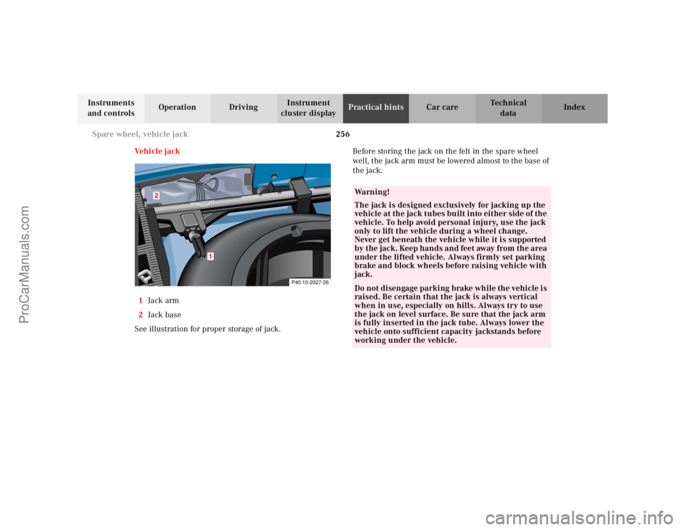 MERCEDES-BENZ CLK-CLASS 2001 Owners Manual 256 Spare wheel, vehicle jack
Te ch n ica l
data Instruments
and controlsOperation DrivingInstrument
cluster displayPractical hintsCar care Index
Ve h i c l e j a c k
1Jack arm
2Jack base
See illus MERCEDES-BENZ CLK-CLASS 2001 Owners Manual 256 Spare wheel, vehicle jack
Te ch n ica l
data Instruments
and controlsOperation DrivingInstrument
cluster displayPractical hintsCar care Index
Ve h i c l e j a c k
1Jack arm
2Jack base
See illus