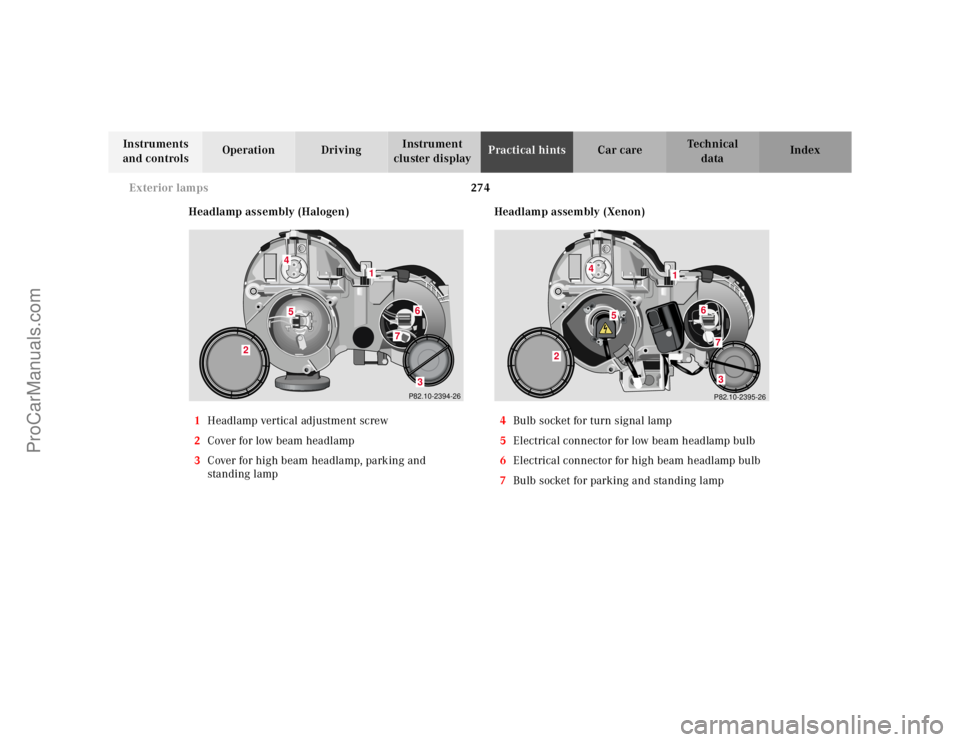 MERCEDES-BENZ CLK-CLASS 2001  Owners Manual 274 Exterior lamps
Te ch n ica l
data Instruments 
and controlsOperation DrivingInstrument 
cluster displayPractical hintsCar care Index
Headlamp assembly (Halogen)
1Headlamp vertical adjustment screw