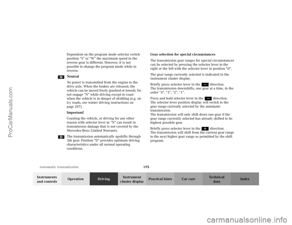 MERCEDES-BENZ CLK-CLASS 2002  Owners Manual 195 Automatic transmission
Te ch n i c a l
data Instruments 
and controlsOperationDrivingInstrument 
cluster displayPractical hints Car care Index Dependent on the program mode selector switch 
positi