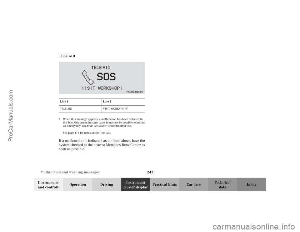 MERCEDES-BENZ CLK-CLASS 2002 Owners Manual 243 Malfunction and warning messages
Te ch n i c a l
data Instruments
and controlsOperation DrivingInstrument
cluster displayPractical hints Car care Index TELE AID
1 When this message appears, a ma MERCEDES-BENZ CLK-CLASS 2002 Owners Manual 243 Malfunction and warning messages
Te ch n i c a l
data Instruments
and controlsOperation DrivingInstrument
cluster displayPractical hints Car care Index TELE AID
1 When this message appears, a ma