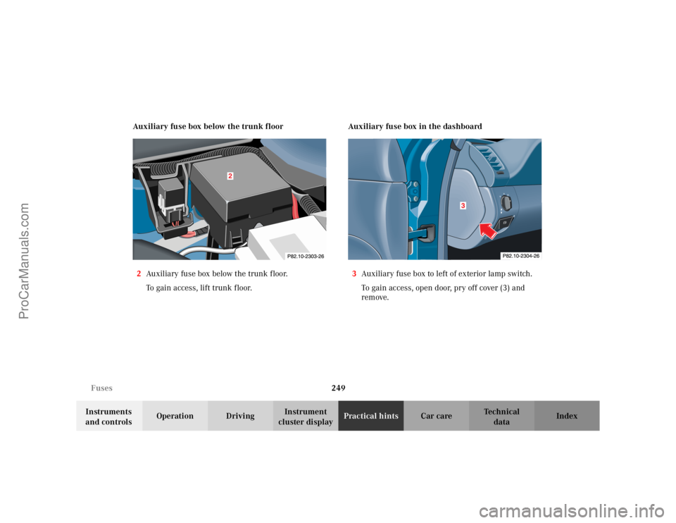 MERCEDES-BENZ CLK-CLASS 2002 Owners Manual 249 Fuses
Te ch n i c a l
data Instruments
and controlsOperation DrivingInstrument
cluster displayPractical hintsCar care Index Auxiliary fuse box below the trunk floor
2Auxiliary fuse box below the MERCEDES-BENZ CLK-CLASS 2002 Owners Manual 249 Fuses
Te ch n i c a l
data Instruments
and controlsOperation DrivingInstrument
cluster displayPractical hintsCar care Index Auxiliary fuse box below the trunk floor
2Auxiliary fuse box below the