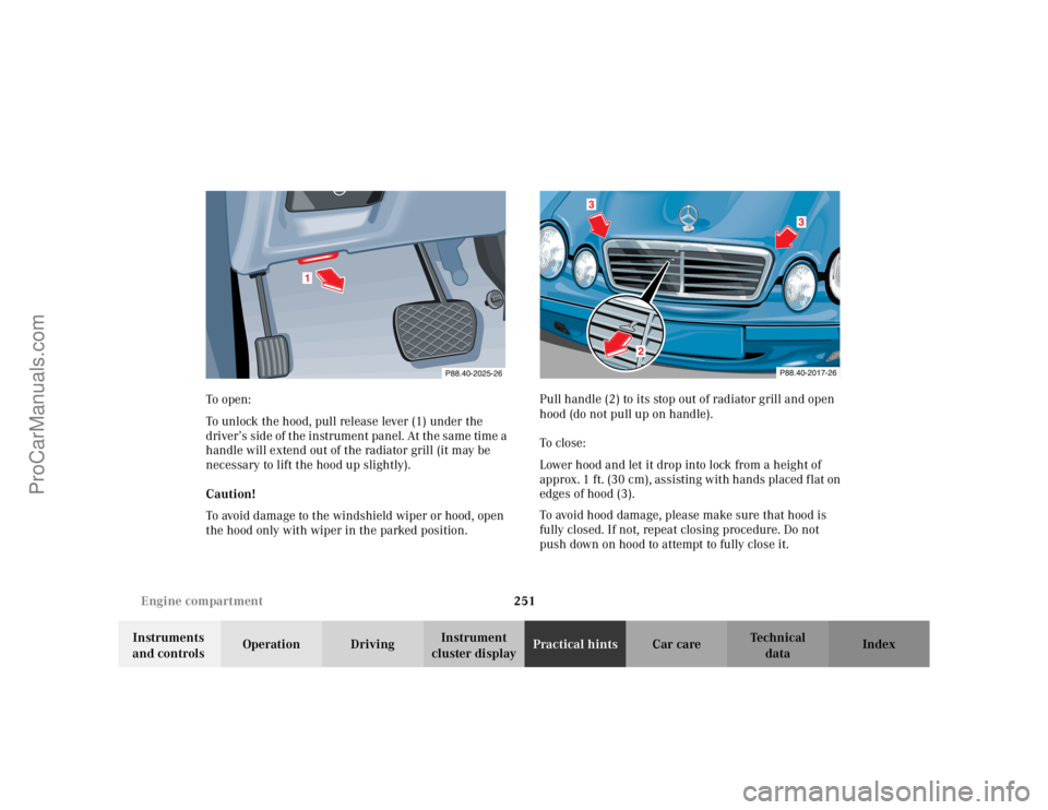 MERCEDES-BENZ CLK-CLASS 2002 Owners Manual 251 Engine compartment
Te ch n i c a l
data Instruments
and controlsOperation DrivingInstrument
cluster displayPractical hintsCar care Index To o pen :
To unlock the hood, pull release lever (1) und MERCEDES-BENZ CLK-CLASS 2002 Owners Manual 251 Engine compartment
Te ch n i c a l
data Instruments
and controlsOperation DrivingInstrument
cluster displayPractical hintsCar care Index To o pen :
To unlock the hood, pull release lever (1) und