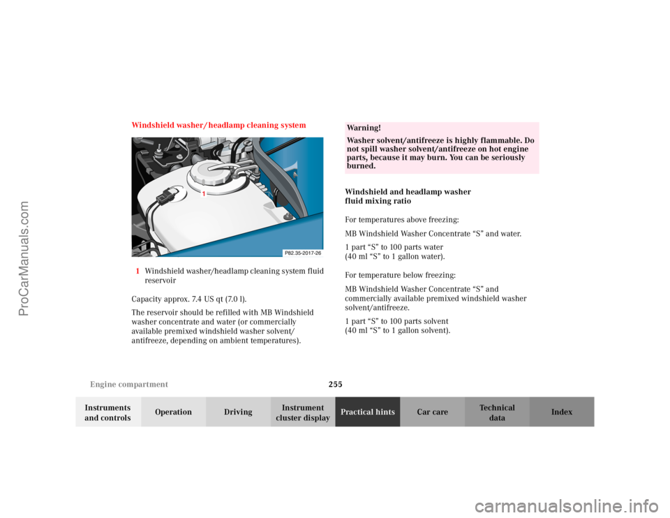 MERCEDES-BENZ CLK-CLASS 2002 User Guide 255 Engine compartment
Te ch n i c a l
data Instruments
and controlsOperation DrivingInstrument
cluster displayPractical hintsCar care Index Windshield washer / headlamp cleaning system
1Windshield MERCEDES-BENZ CLK-CLASS 2002 User Guide 255 Engine compartment
Te ch n i c a l
data Instruments
and controlsOperation DrivingInstrument
cluster displayPractical hintsCar care Index Windshield washer / headlamp cleaning system
1Windshield