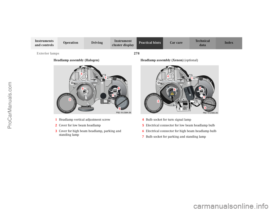 MERCEDES-BENZ CLK-CLASS 2002 User Guide 278 Exterior lamps
Te ch n i c a l
data Instruments
and controlsOperation DrivingInstrument
cluster displayPractical hintsCar care Index
Headlamp assembly (Halogen)
1Headlamp vertical adjustment scr MERCEDES-BENZ CLK-CLASS 2002 User Guide 278 Exterior lamps
Te ch n i c a l
data Instruments
and controlsOperation DrivingInstrument
cluster displayPractical hintsCar care Index
Headlamp assembly (Halogen)
1Headlamp vertical adjustment scr