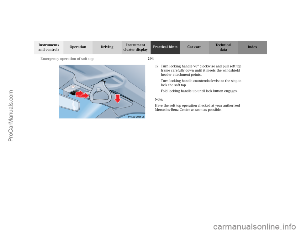 MERCEDES-BENZ CLK-CLASS 2002  Owners Manual 294 Emergency operation of soft top
Te ch n i c a l
data Instruments 
and controlsOperation DrivingInstrument 
cluster displayPractical hintsCar care Index
19. Turn locking handle 90
° clockwise and 