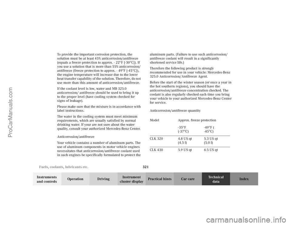 MERCEDES-BENZ CLK-CLASS 2002  Owners Manual 321 Fuels, coolants, lubricants etc.
Te ch n i c a l
data Instruments 
and controlsOperation DrivingInstrument 
cluster displayPractical hints Car care Index To provide the important corrosion protect