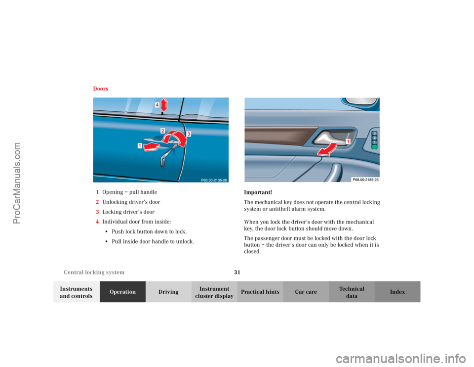 MERCEDES-BENZ CLK-CLASS 2002 Owners Guide 31 Central locking system
Te ch n i c a l
data Instruments
and controlsOperationDrivingInstrument
cluster displayPractical hints Car care Index Doors
1Opening – pull handle
2Unlocking driver’s d MERCEDES-BENZ CLK-CLASS 2002 Owners Guide 31 Central locking system
Te ch n i c a l
data Instruments
and controlsOperationDrivingInstrument
cluster displayPractical hints Car care Index Doors
1Opening – pull handle
2Unlocking driver’s d