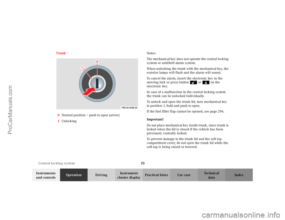 MERCEDES-BENZ CLK-CLASS 2002 Owners Guide 35 Central locking system
Te ch n i c a l
data Instruments
and controlsOperationDrivingInstrument
cluster displayPractical hints Car care Index Trunk
0Neutral position – push to open (arrow)
1Unlo MERCEDES-BENZ CLK-CLASS 2002 Owners Guide 35 Central locking system
Te ch n i c a l
data Instruments
and controlsOperationDrivingInstrument
cluster displayPractical hints Car care Index Trunk
0Neutral position – push to open (arrow)
1Unlo
