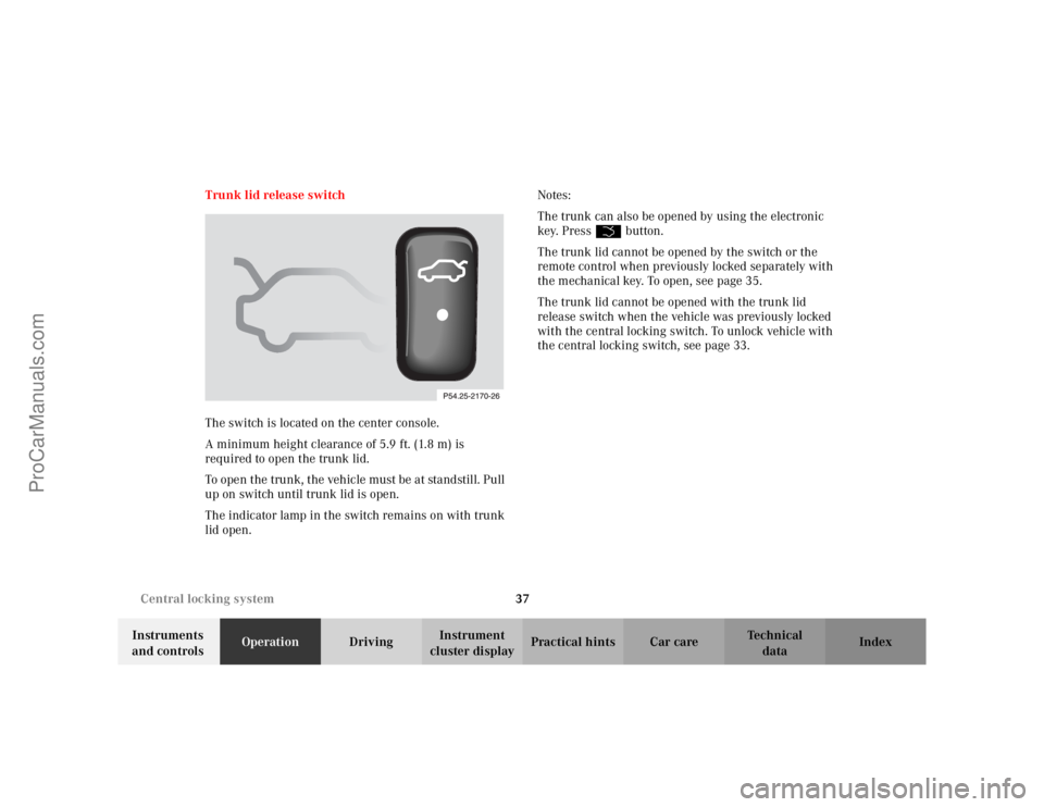 MERCEDES-BENZ CLK-CLASS 2002 Owners Guide 37 Central locking system
Te ch n i c a l
data Instruments
and controlsOperationDrivingInstrument
cluster displayPractical hints Car care Index Trunk lid release switch
The switch is located on the MERCEDES-BENZ CLK-CLASS 2002 Owners Guide 37 Central locking system
Te ch n i c a l
data Instruments
and controlsOperationDrivingInstrument
cluster displayPractical hints Car care Index Trunk lid release switch
The switch is located on the