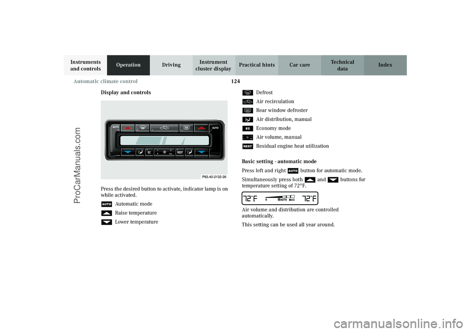 MERCEDES-BENZ CLK-CLASS 2003 Owners Manual 124 Automatic climate control
Technical
data Instruments
and controlsOperationDrivingInstrument
cluster displayPractical hints Car care Index
Display and controls
Press the desired button to activat MERCEDES-BENZ CLK-CLASS 2003 Owners Manual 124 Automatic climate control
Technical
data Instruments
and controlsOperationDrivingInstrument
cluster displayPractical hints Car care Index
Display and controls
Press the desired button to activat