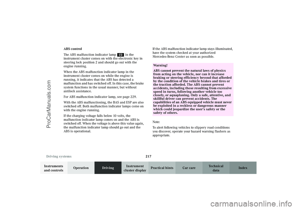MERCEDES-BENZ CLK-CLASS 2003  Owners Manual 217 Driving systems
Technical
data Instruments 
and controlsOperationDrivingInstrument 
cluster displayPractical hints Car care Index ABS control
The ABS malfunction indicator lamp- in the 
instrument