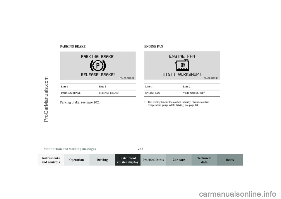 MERCEDES-BENZ CLK-CLASS 2003  Owners Manual 237 Malfunction and warning messages
Technical
data Instruments 
and controlsOperation DrivingInstrument 
cluster displayPractical hints Car care Index PA R K I N G   B R A K E
Parking brake, see page