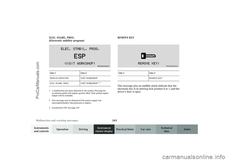 MERCEDES-BENZ CLK-CLASS 2003  Owners Manual 243 Malfunction and warning messages
Technical
data Instruments 
and controlsOperation DrivingInstrument 
cluster displayPractical hints Car care Index ELEC. STABIL. PROG.
(Electronic stability progra