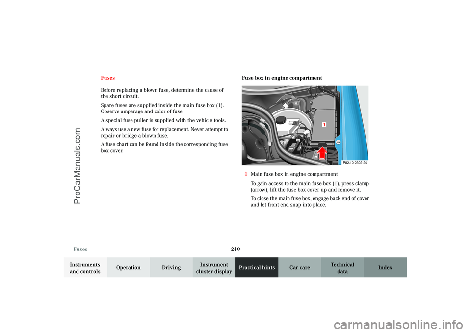 MERCEDES-BENZ CLK-CLASS 2003  Owners Manual 249 Fuses
Technical
data Instruments 
and controlsOperation DrivingInstrument 
cluster displayPractical hintsCar care Index Fuses
Before replacing a blown fuse, determine the cause of 
the short circu
