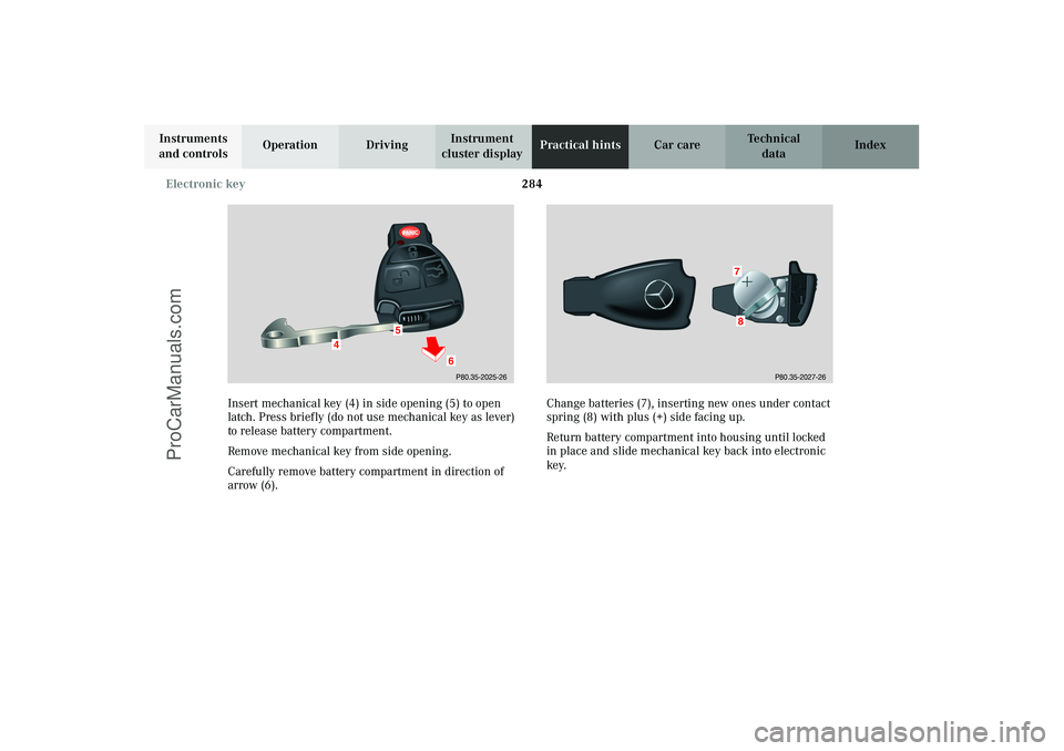 MERCEDES-BENZ CLK-CLASS 2003 Owners Manual 284 Electronic key
Technical
data Instruments
and controlsOperation DrivingInstrument
cluster displayPractical hintsCar care Index
Insert mechanical key (4) in side opening (5) to open
latch. Press MERCEDES-BENZ CLK-CLASS 2003 Owners Manual 284 Electronic key
Technical
data Instruments
and controlsOperation DrivingInstrument
cluster displayPractical hintsCar care Index
Insert mechanical key (4) in side opening (5) to open
latch. Press