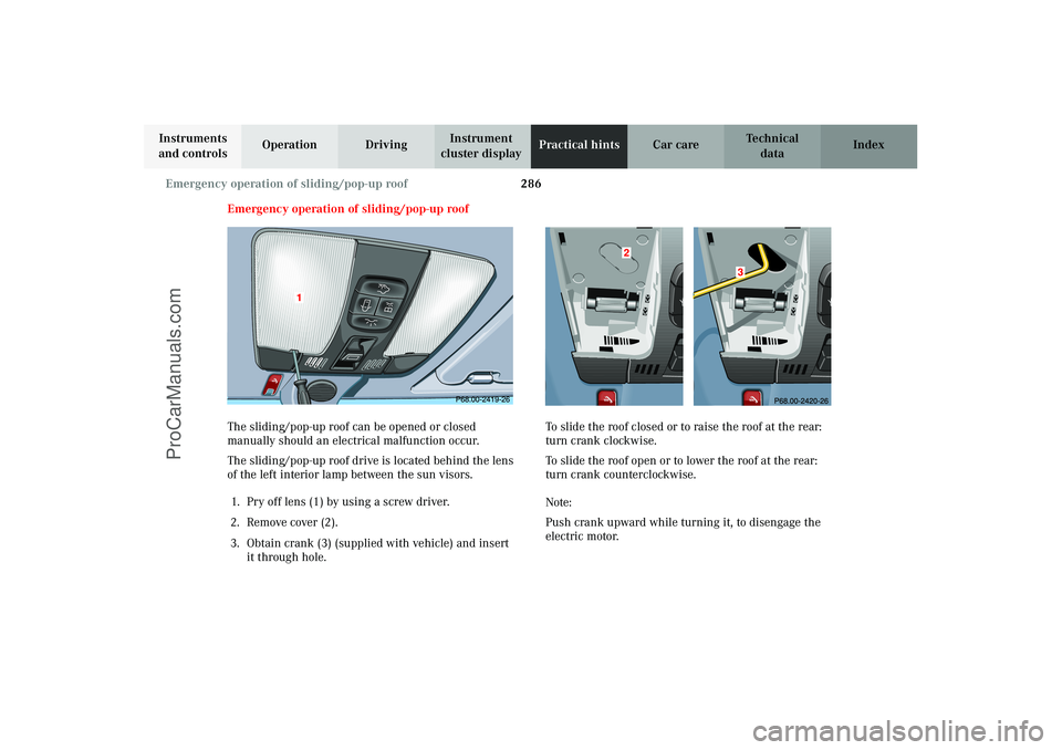 MERCEDES-BENZ CLK-CLASS 2003 Owners Manual 286 Emergency operation of sliding/pop-up roof
Technical
data Instruments
and controlsOperation DrivingInstrument
cluster displayPractical hintsCar care Index
Emergency operation of sliding/pop-up r MERCEDES-BENZ CLK-CLASS 2003 Owners Manual 286 Emergency operation of sliding/pop-up roof
Technical
data Instruments
and controlsOperation DrivingInstrument
cluster displayPractical hintsCar care Index
Emergency operation of sliding/pop-up r